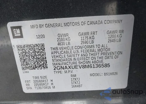 2021 Chevrolet Equinox Awd Lt from USA, damaged, VIN 2GNAXUEV8M6136585